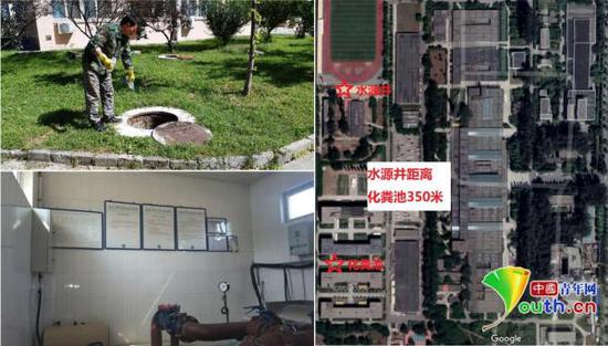 北京工业大学耿丹学院公布的化粪池(左上)与饮用水源(左下)照片。