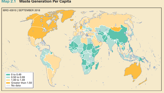 全球垃圾分布图 （资料来源：世行）