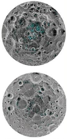 图中浅蓝色区域就是发现水冰的地方，上图为月球南极，下图为月球北极。图/NASA