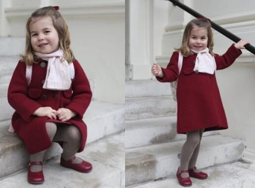 夏洛特小公主准备出发上学。（来源：英王室推特）