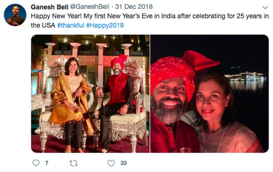 Ganesh Bell在印度和家人度过了跨年之夜。来源： Bell推特