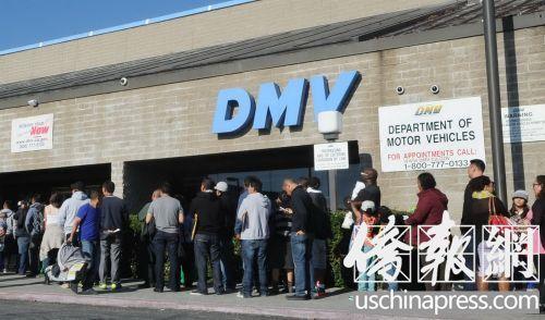 申请或更新驾照的洛杉矶民众在DMV办公楼外排队。（美国《侨报》记者高睿摄）