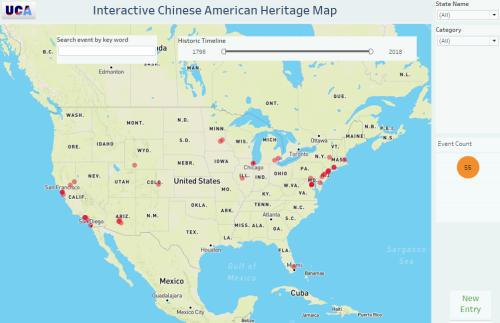 记录美国华人历史地理图标的可视化数字地图。(张小彦供图于美国《世界日报》)