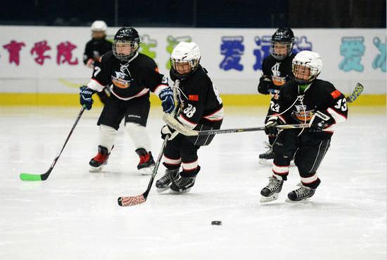 2016年2月2日，参加黑龙江飞扬冰上运动中心冰球兴趣班的小队员们在训练中。