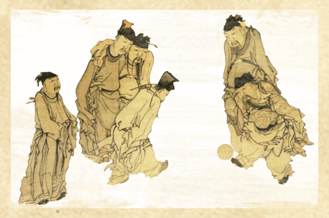 (黄慎(清)绘《蹴鞠图》)