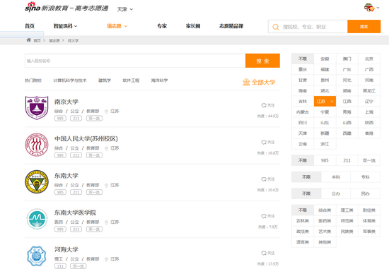 通过条件筛选查询的江苏的高校列表