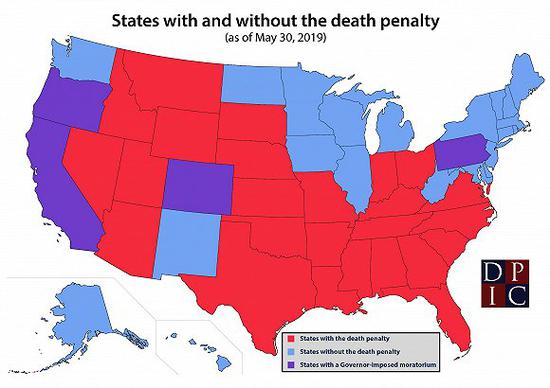 蓝色州已废除死刑，红色州保留死刑，紫色州处于暂停阶段。来源：美国死刑信息中心