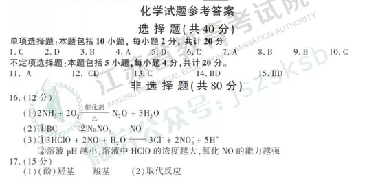 2019年高考化学真题及参考答案(江苏卷)