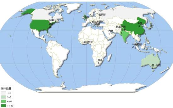 2015年排名前100家英文媒体地理分布