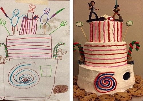 身为面包师傅的母亲依循着孩子画的蛋糕图像，在蛋糕上淋上五颜六色的糖浆，放上棒棒糖及饼干装饰。