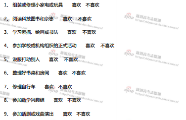 图1:性格专业测试题目,来自高考志愿通