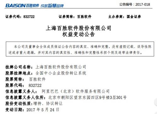 马云再投新三板 4500万受让百胜软件10%股份