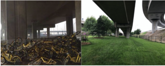 左：榴乡桥下旧貌右：榴乡桥下近况