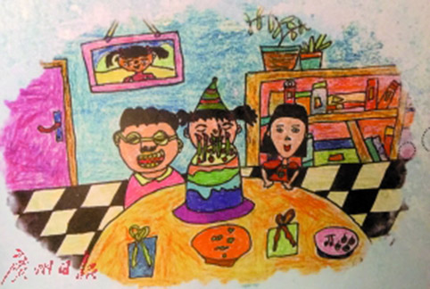 专家分析，在儿童的绘画中牙齿是情绪指标。画中的爸爸牙齿明显，孩子把自己藏在蛋糕后面，妈妈被画得特别小。可看出虽然是过生日，但孩子并不快乐。广州日报 图