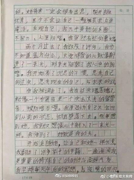 浙江6年级学生作文走红网络：她就是我的光