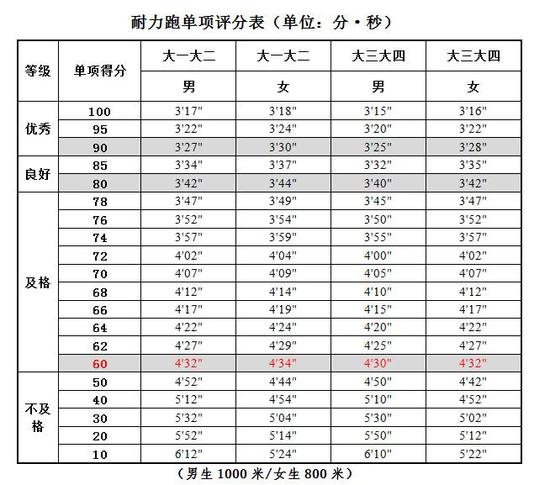 大学生耐力跑（男1000米/女800米）评分标准