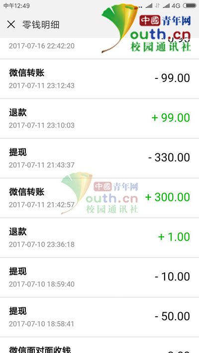 图为大学生兼职被骗取钱财的转账记录。受访者供图