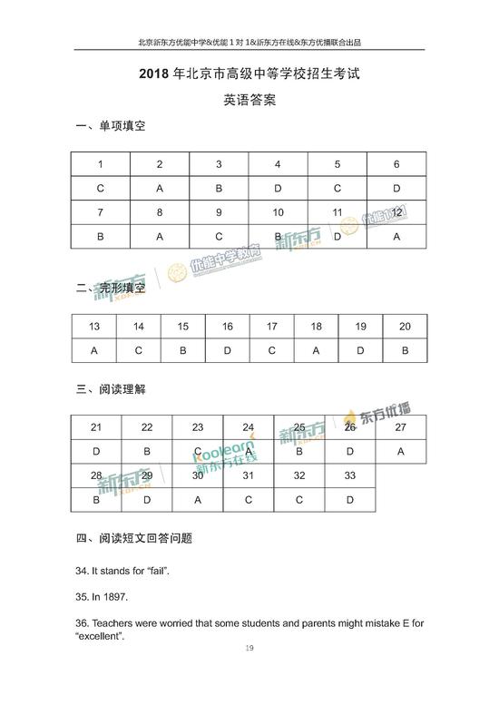 2018北京中考英语试题答案(新东方版)