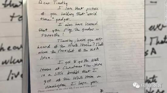 老布什写给提莫西的信。（翻摄美国有线电视新闻网）