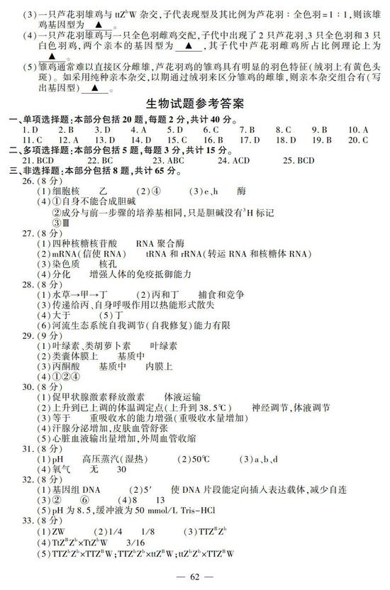2018年江苏高考生物真题及答案【图片版】