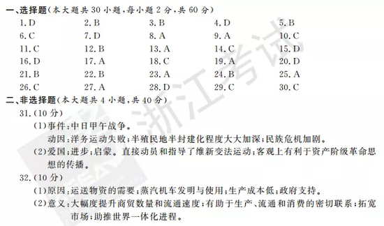 浙江新高考2018年4月选考科目试题及参考答案