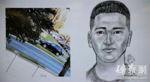 洛杉矶县警局画的嫌犯David的画像，以及嫌犯绑架廖若辰时使用的汽车。美国侨报 记者 邱晨摄
