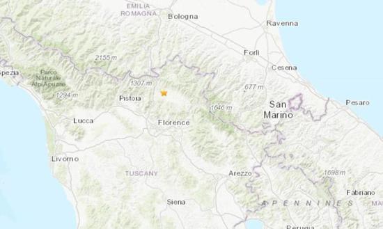 意大利佛罗伦萨北部发生4.8级地震。( 图片来源：美国地质勘探局网站截图)
