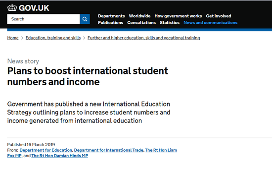 3月16日，英国政府官网发布的全新《国际教育战略纲要》