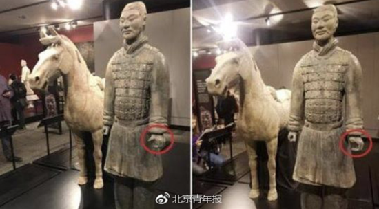 中国兵马俑在美国展出过程中，被一名24岁男子掰断大拇指并偷走。