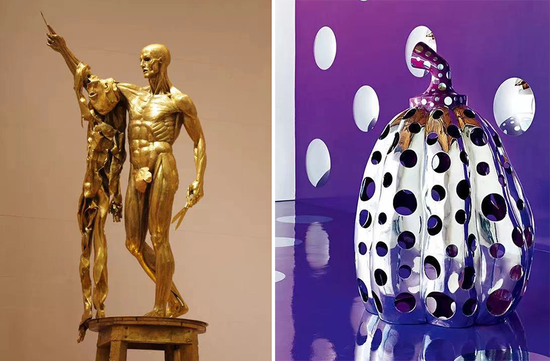 左:达明•赫斯特 圣徒巴塞洛缪 2008年 右:草间弥生 到达宇宙 2010年