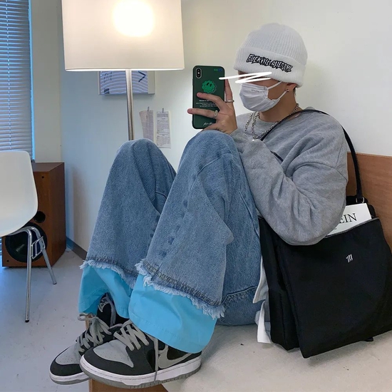 Leman 休闲撞色拼接直筒裤