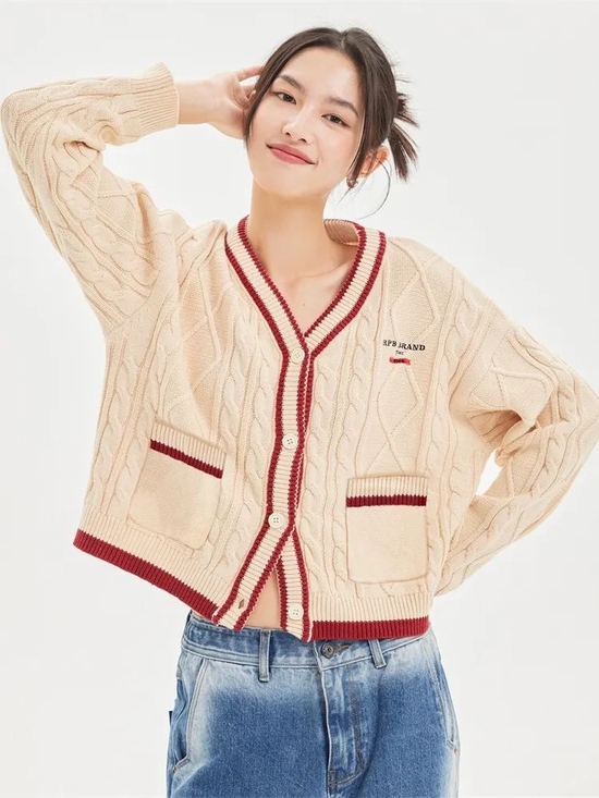  RPB Brand 拼接外套V领开衫针织衫毛衣