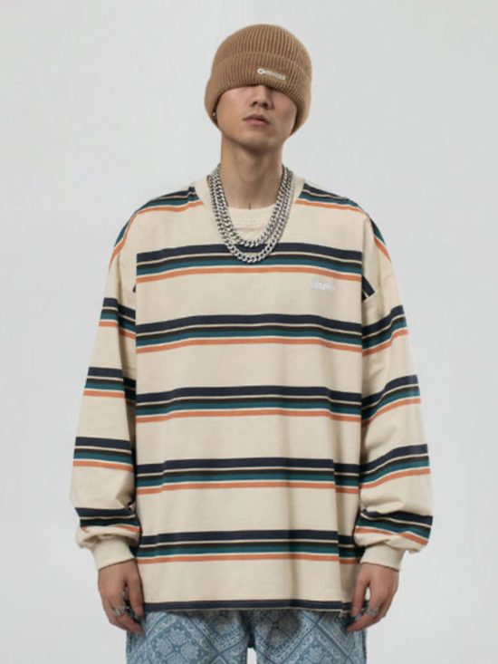 WolkeFit 拼色条纹圆领卫衣宽松百搭套头衫