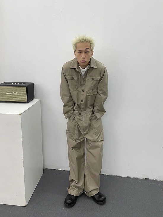 NKGC 复古水洗做旧大口袋帆布长袖衬衫工装连体裤