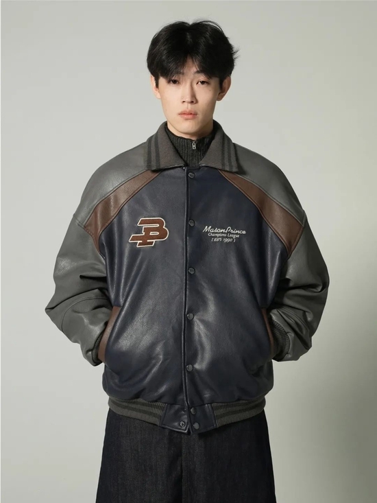 MASONPRINCE 秋冬复古拼接棒球皮夹克