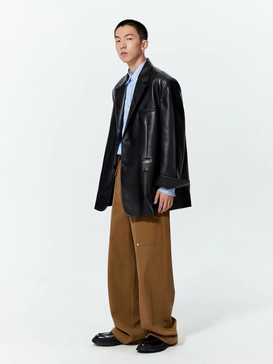 FERMENTEDSHIRT 黑色 PU 皮宽松休闲西装夹克