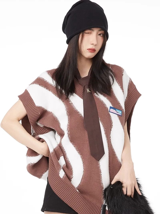  SPEAR YOUTH 原创咖色拼接斑马纹针织背心