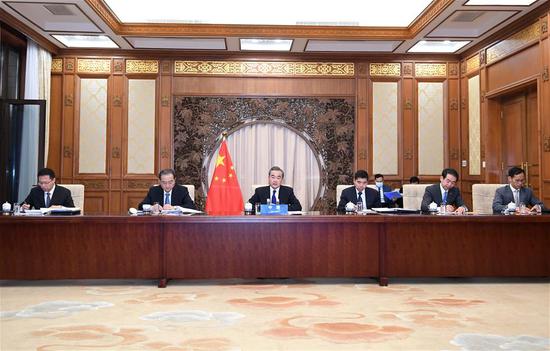 Chinese State Councilor and Foreign Minister Wang Yi attends the ministerial meeting between China and the Cooperation Council for the Arab States of the Gulf (GCC) via video link in Beijing, capital of China, Nov. 9, 2020. (Xinhua/Yue Yuewei)