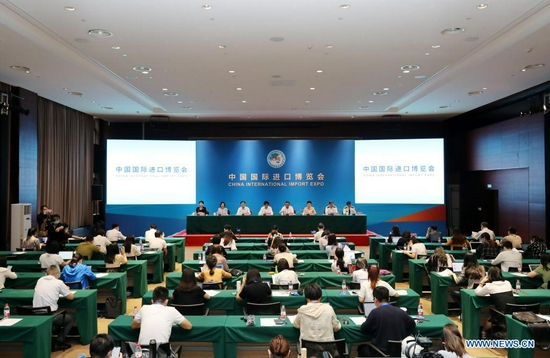 A press conference on the China International Import Expo (CIIE) is held at the National Exhibition and Convention Center (Shanghai), east China's Shanghai, July 26, 2021. The fourth CIIE, scheduled from Nov. 5 to 10 in Shanghai, is expected to see the participation from more Fortune 500 companies and corporate giants than the previous edition, organizers said Monday. (Xinhua/Fang Zhe)