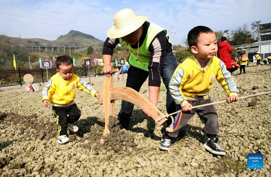 Photo taken on Nov. 27, 2021 shows children tilling the soil at Zhaizi Farming Experience Centre in Qianjiang District, southwest China's Chongqing Municipality. Qianjiang District established the farming experience centre to attract more children to the countryside, so that they can gain a practical understanding of farm labour and learn about crops and the history of agriculture.(Xinhua/Yang Min)