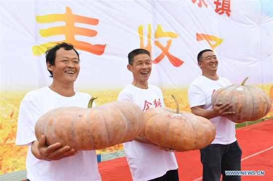 Farmers take part in a pumpkin weight competition at Shiyong Town of Guang'an City, southwest China's Sichuan Province, Sept. 20, 2020. Various activities are being held across the country to welcome the third Chinese farmers' harvest festival which falls on Sept. 22. (Photo by Qiu Haiying/Xinhua)