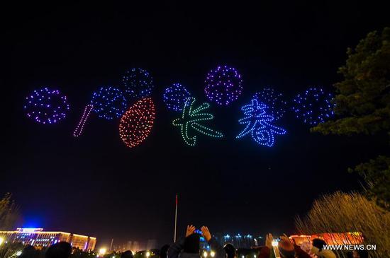Citizens view a drone light display at a park in Changchun, northeast China's Jilin Province, Oct. 14, 2020. A light display featuring 1,000 drones was held on Wednesday as a part of the 2020 Changchun International UAV Industrial Expo. The light display will be held every night from Oct. 14 to 16. (Xinhua/Yan Linyun)