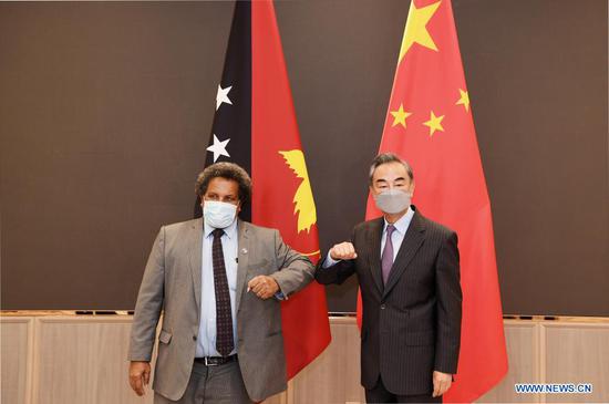 Chinese State Councilor and Foreign Minister Wang Yi (R) meets with Soroi Eoe, minister of foreign affairs and international trade of Papua New Guinea (PNG) in Guiyang, capital of southwest China's Guizhou Province, June 3, 2021. (Xinhua/Yang Wenbin)