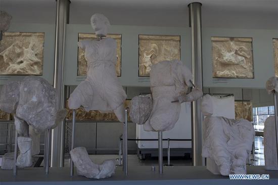 Photo taken on Aug. 3, 2020 shows parts of the Pediment of the Parthenon at the Acropolis Museum in Athens, Greece. Greece is stepping up efforts for the permanent return of the Parthenon Sculptures to Athens prior to the next year's 200th anniversary of 1821 Greek War of Independence, Greek Culture and Sports Minister Lina Mendoni told Xinhua in a recent interview.