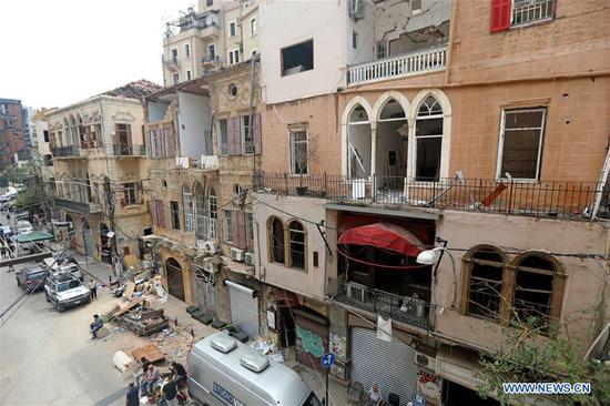 A damaged building is seen in Beirut, Lebanon, Aug. 13, 2020. A total of 601 heritage buildings were damaged due to the explosions that rocked Beirut on Aug. 4, of which 70 may fall if not quickly restored, the National News Agency reported on Wednesday. (Xinhua/Bilal Jawich)