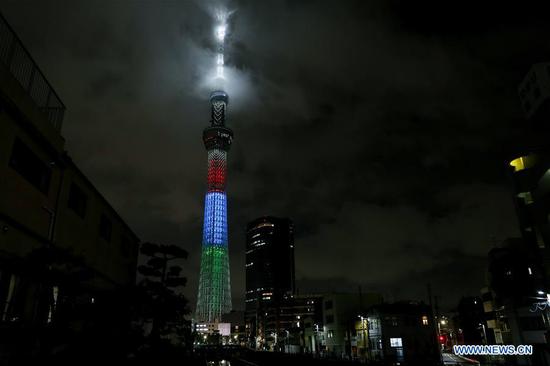 Tokyo Skytree is illuminated with the Paralympic symbol colours to mark one-year-to-go until the start of the postponed Tokyo 2020 Paralympic Games in Tokyo, Japan, Aug. 24, 2020. (Xinhua/Du Xiaoyi)