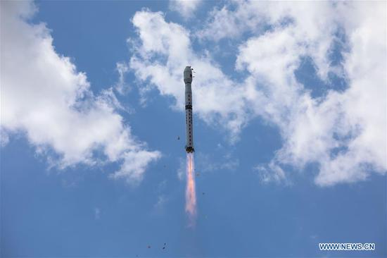 A Gaofen-11 02 satellite is launched by a Long March-4B rocket from the Taiyuan Satellite Launch Center in north China's Shanxi Province, Sept. 7, 2020. China launched a new optical remote-sensing satellite from the Taiyuan Satellite Launch Center in northern Shanxi Province on Monday. The Gaofen-11 02 satellite was launched by a Long March-4B rocket at 1:57 p.m. (Beijing Time), according to the center. It was the 345th flight mission by a Long March carrier rocket. (Photo by Zheng Taotao/Xinhua)