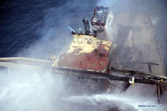  Fireboats extinguish fire of the MT New Diamond oil tanker in the seas off Sri Lanka's eastern coast, on Sept. 8, 2020. The Sri Lanka Navy on Wednesday said a fire which had reignited onboard the MT New Diamond oil tanker on Monday has been brought under control and the distressed ship was being towed further away towards safe waters by a tug boat. (Sri Lanka Air Force Media/Handout via Xinhua)