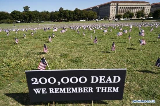 U.S. national flags representing the 200,000 lives lost to COVID-19 in the United States are placed on the National Mall in Washington, D.C., the United States, on Sept. 22, 2020. U.S. COVID-19 deaths surpassed 200,000 on Tuesday, according to the Center for Systems Science and Engineering (CSSE) at Johns Hopkins University. (Xinhua/Liu Jie)