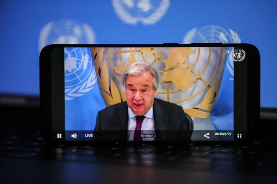 Photo taken on Sept. 24, 2020 at the United Nations headquarters in New York shows UN Secretary-General Antonio Guterres speaking at a video summit-level Security Council debate on "global governance after COVID-19." (Xinhua/Wang Ying)